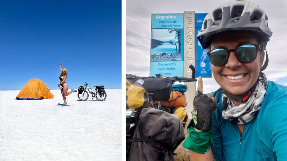 Vanessa dans le désert de sel de Bolivie et en Terre du Feu